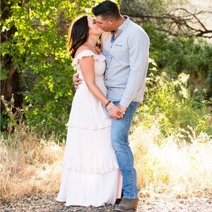 EXPRESS Blush/Pink Ruffled Off-Shoulder Romantic Tiered Maxi Dress Smocked